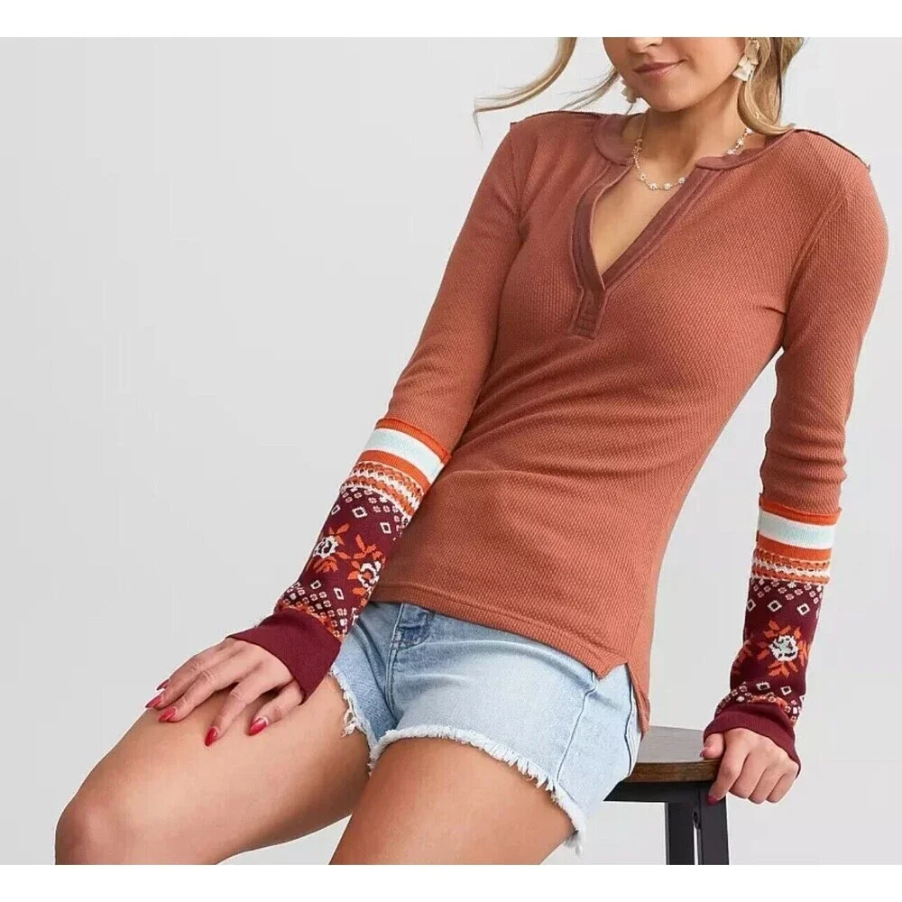 Free People Mikah Notch Neck Top Thermal Fair Isle Sleeves Autumn Combo XS‎ NWT